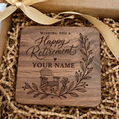 Personalised Happy Retirement engraved wooden coaster in gift box