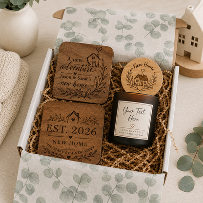 Personalised new home gift box with candle, engraved lid and two wooden coasters