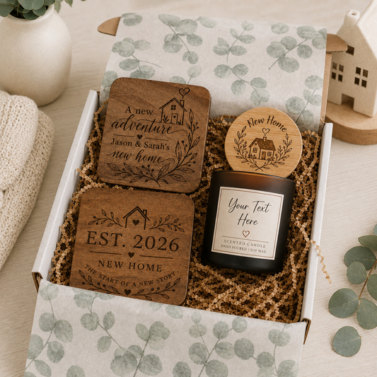Personalised new home gift box with candle, engraved lid and two wooden coasters