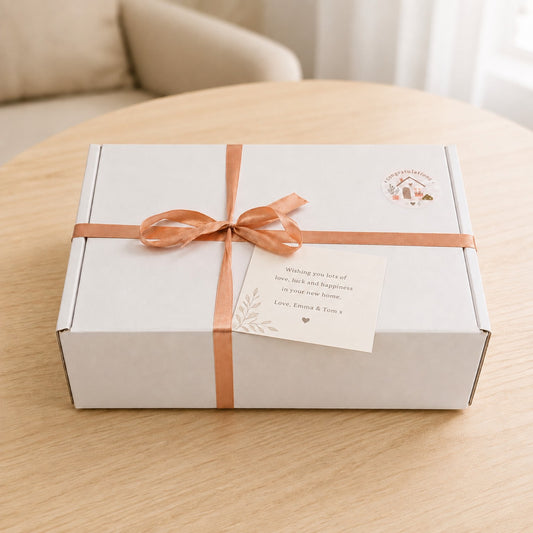 Personalised new home gift box with ribbon and optional gift message card