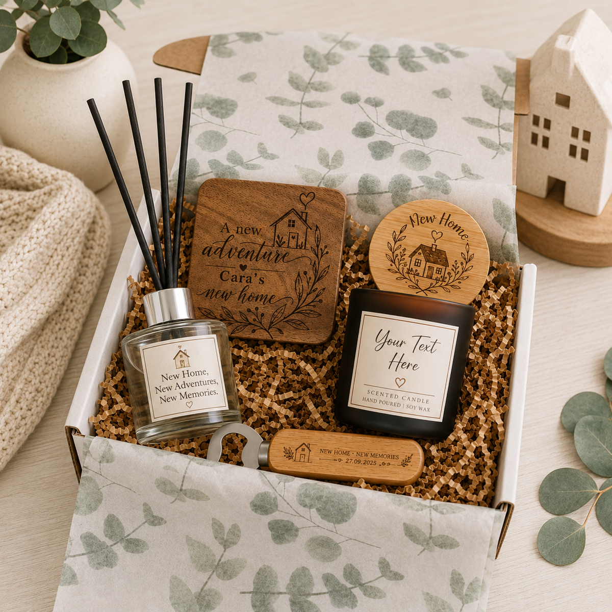 Personalised new home gift box with candle, reed diffuser, coaster and bottle opener