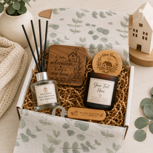 Personalised new home gift box with candle, reed diffuser, coaster and bottle opener