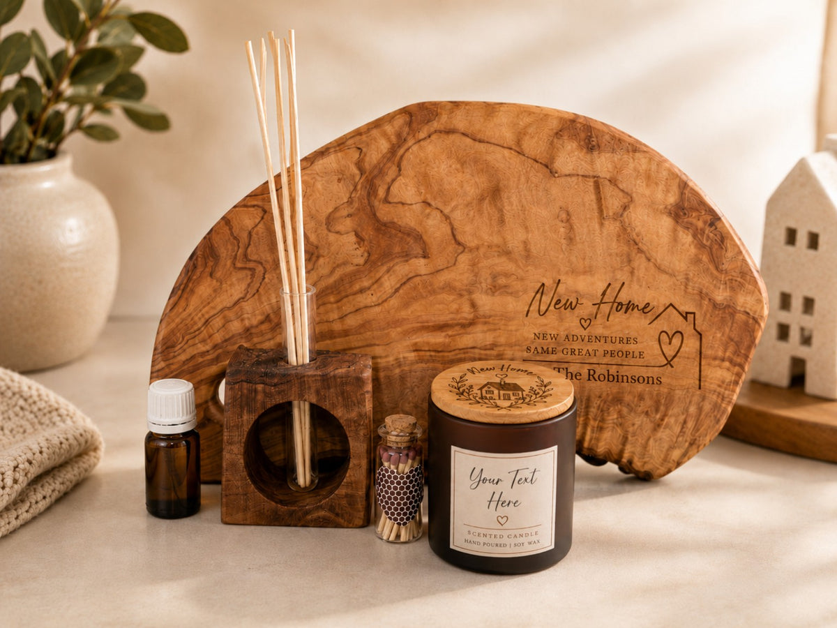 Personalised new home luxury gift box with engraved olive wood chopping board, candle, diffuser, matches and oil
