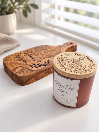 Personalised new home olive wood serving board with engraved candle lid and custom candle