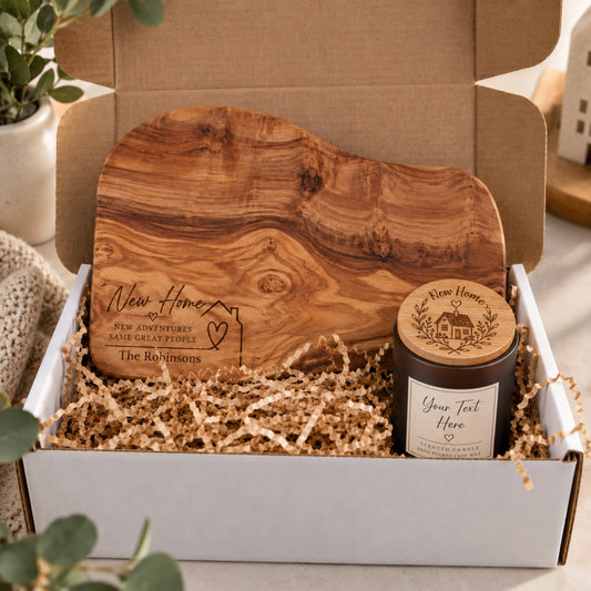 Personalised wooden gift box presentation with chopping board and candle
