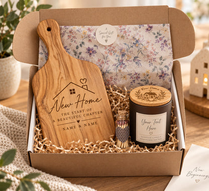 Personalised new home gift box with engraved olive wood chopping board, candle and matches
