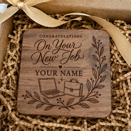 Personalised congratulations on your new job engraved wooden coaster