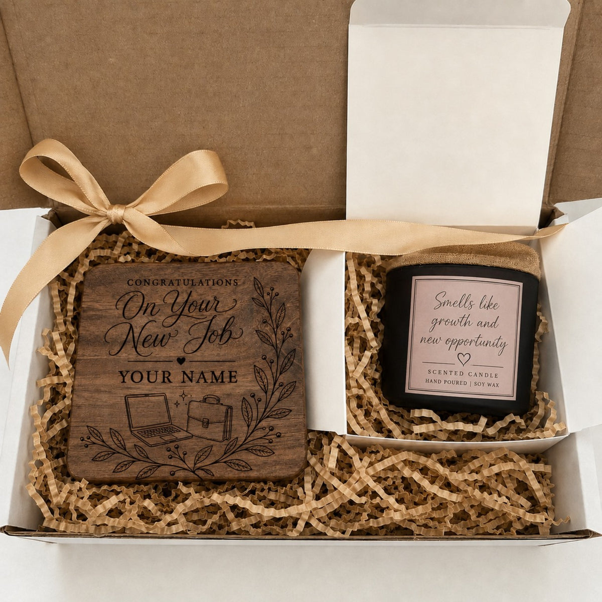 Personalised new job gift box with engraved 10cm wooden coaster and scented candle