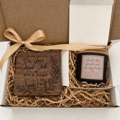 Personalised new job gift box with engraved 10cm wooden coaster and scented candle