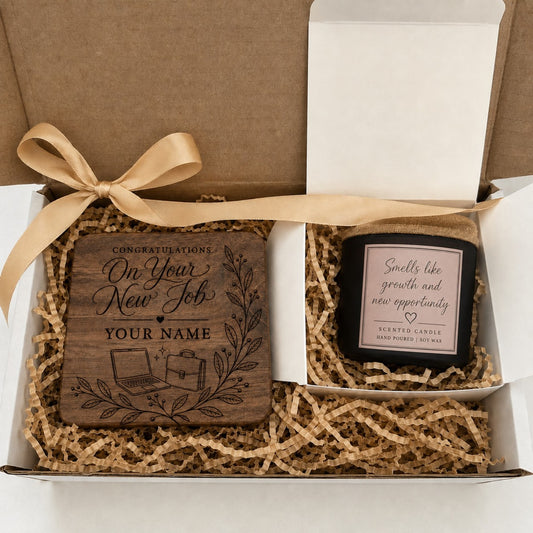 Personalised new job gift box with engraved 10cm wooden coaster and scented candle