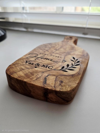 Personalised olive wood board engraved with Home Sweet Home design and names