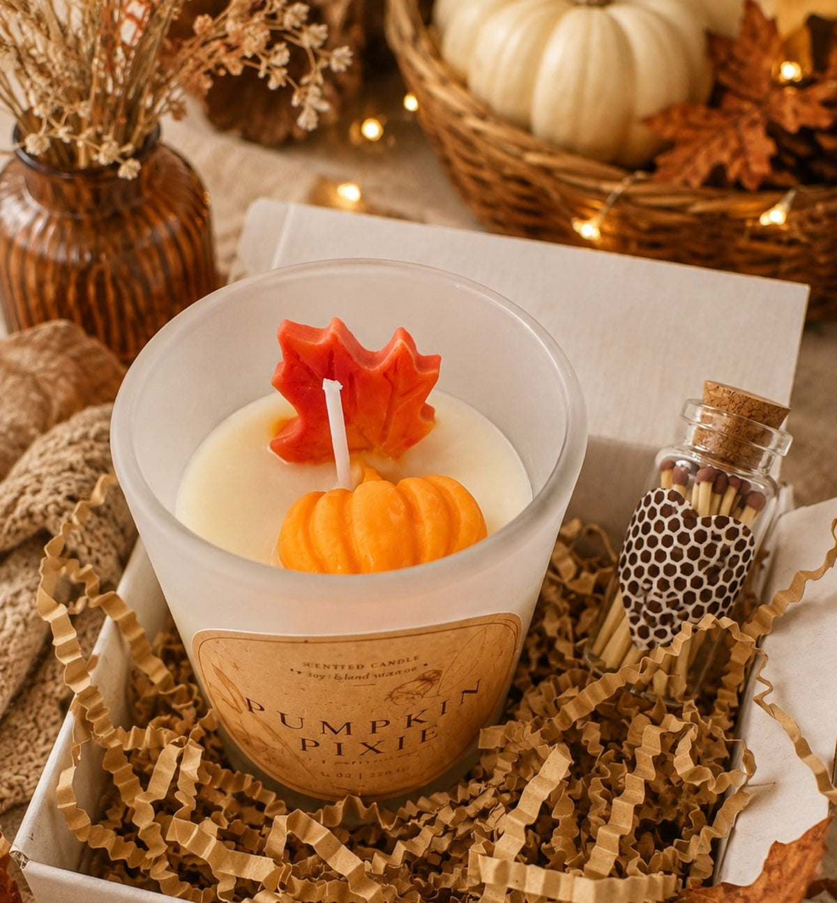 Pumpkin Spice candle with pumpkin and maple leaf wax decorations
