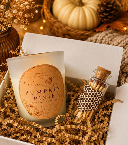 Boxed Pumpkin Spice scented candle with included bottle of matches