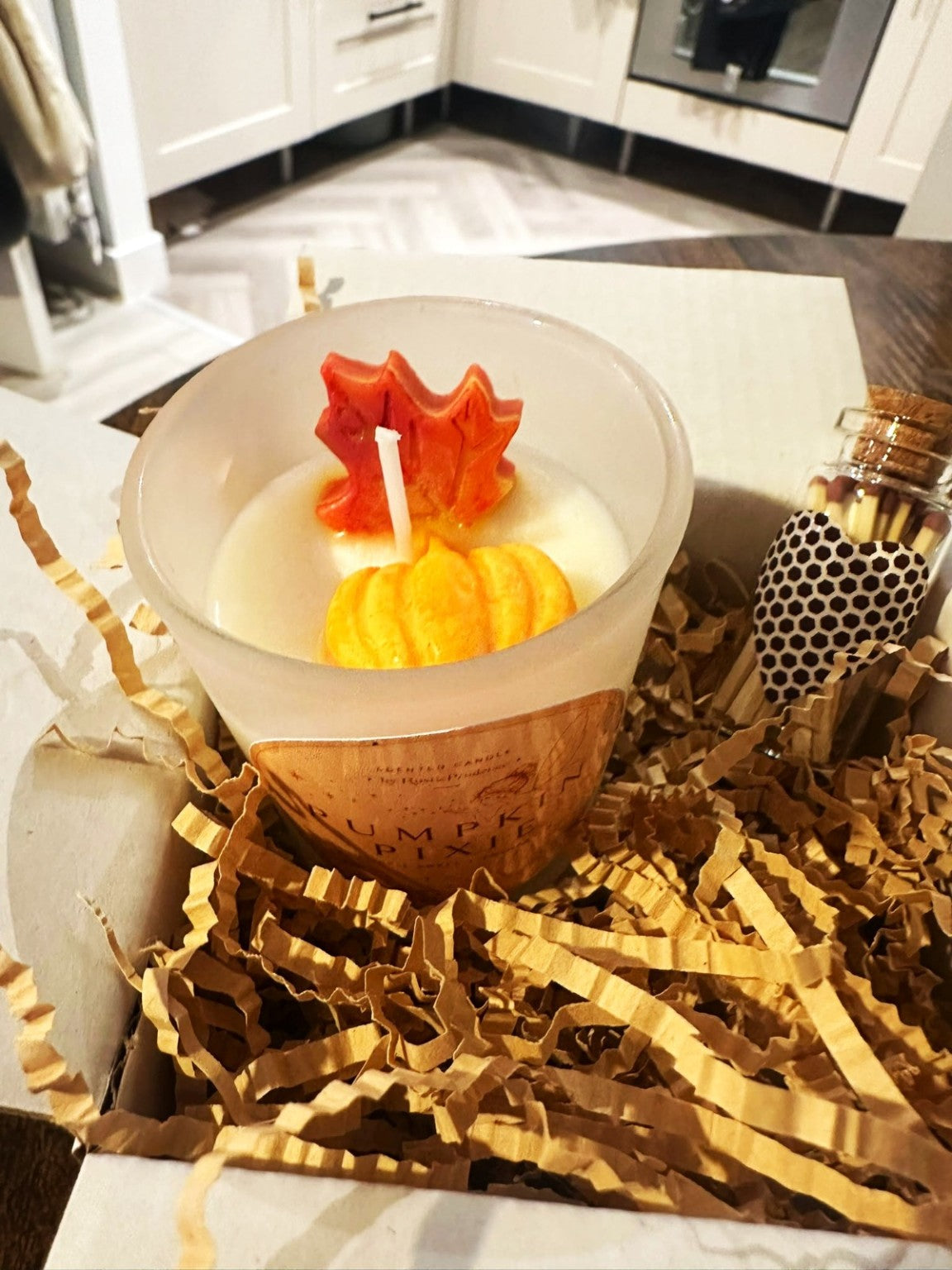 Pumpkin Spice autumn candle in gift box with decorative wax pumpkin and leaf