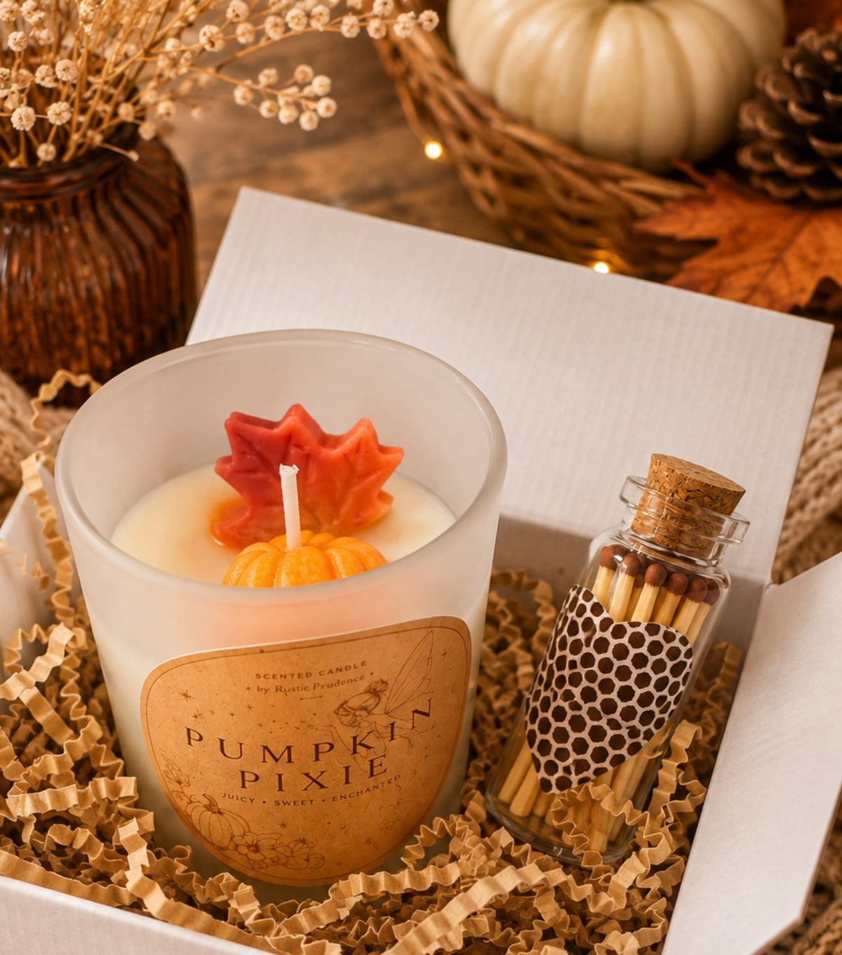 Pumpkin Spice handmade autumn candle gift set with matches