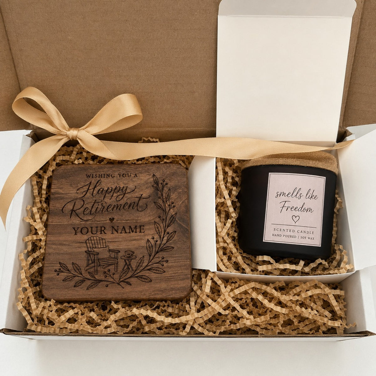 Smells Like Freedom retirement candle presented in a gift box