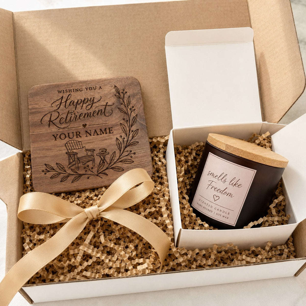 Retirement gift set with personalised wooden coaster and Smells Like Freedom candle in open gift box