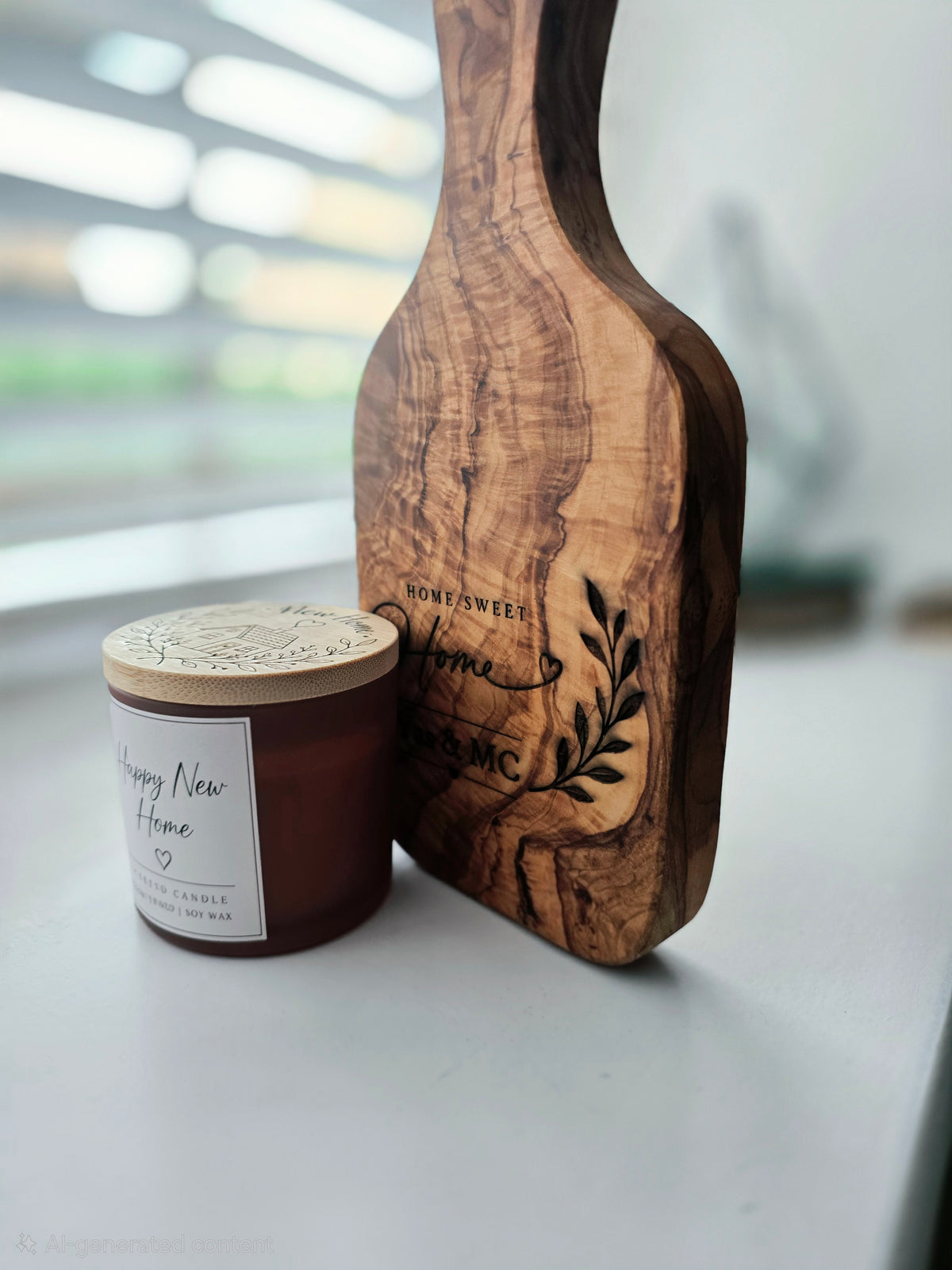 Personalised New Home Gift Box – Olive Wood Chopping Board, Candle & Matches