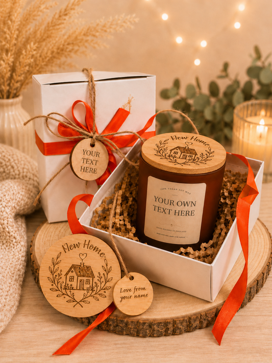 Personalised New Home candle gift box with engraved bamboo lid and custom candle label