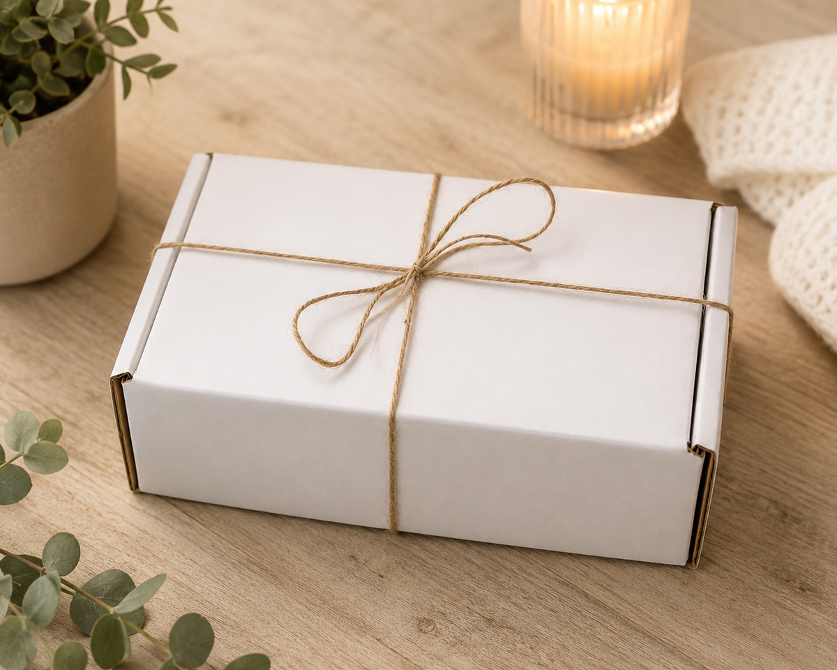 Gift box presentation with personalised candle and wooden pieces