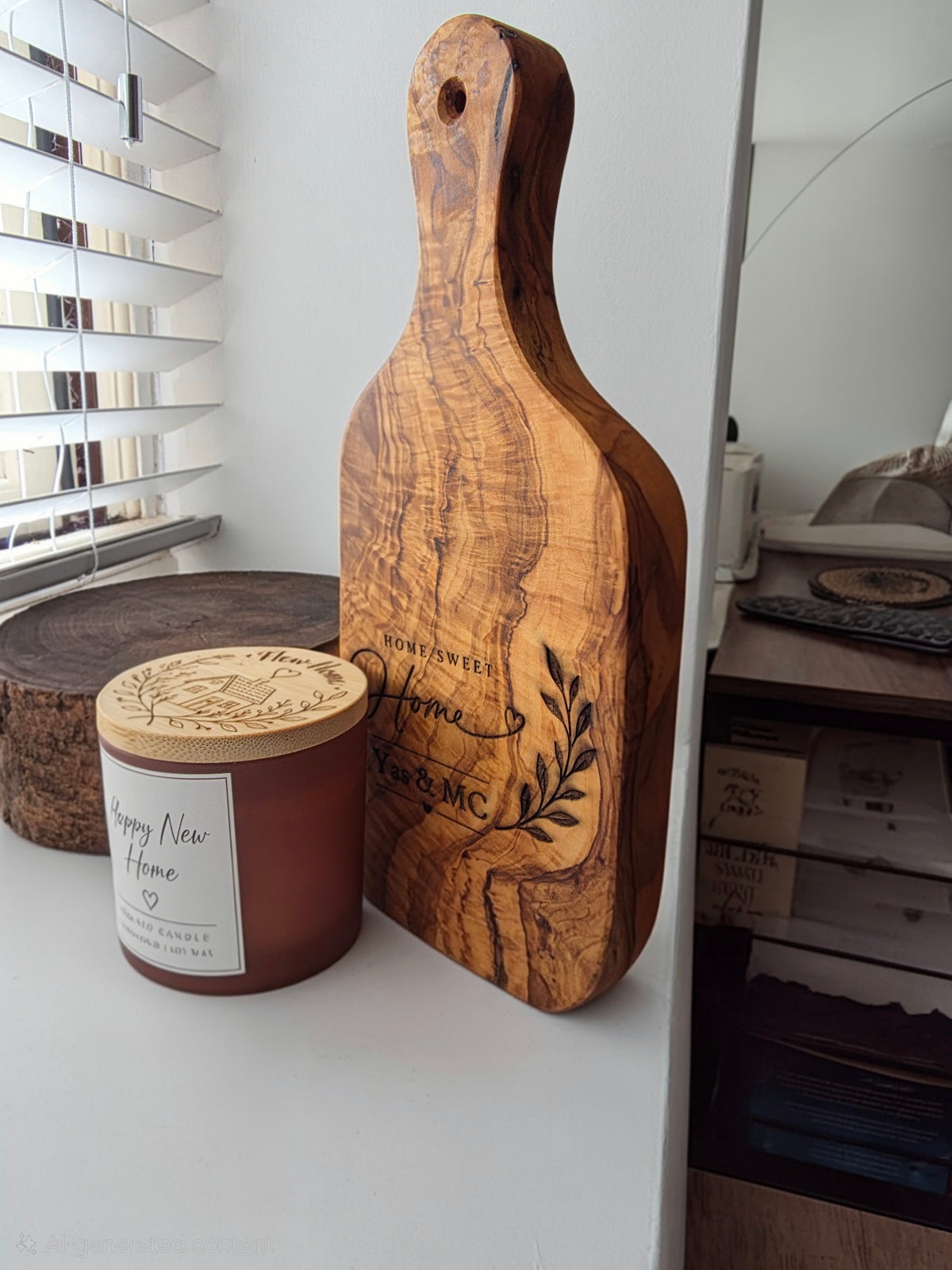 Personalised New Home Gift Box – Olive Wood Chopping Board, Candle & Matches