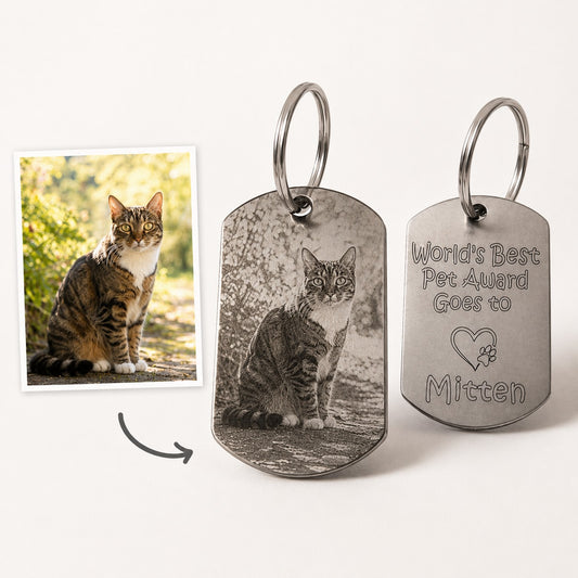 Personalised pet photo and text engraved keyring keepsake