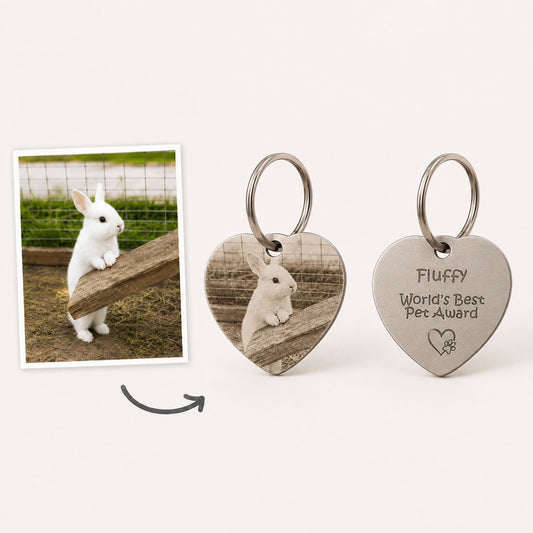 Personalised pet photo keyring featuring a rabbit's image and engraving saying 'World's Best Pet Award'.