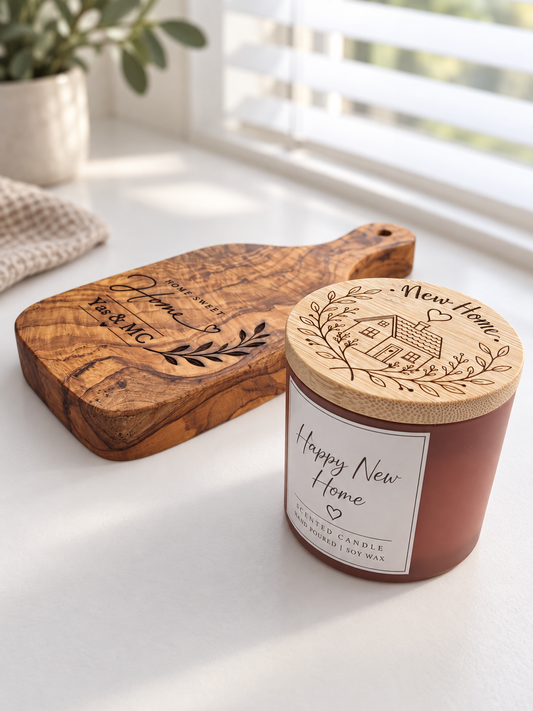 Personalised New Home Gift Box – Olive Wood Chopping Board, Candle & Matches
