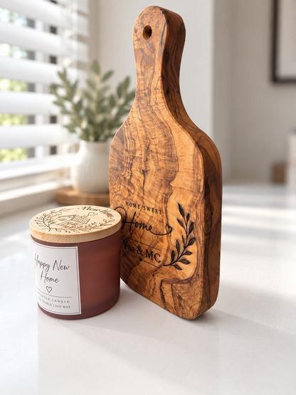 Personalised Ultimate New Home Gift Set – Large Acacia Board, Olive Wood Board, Candle & Coasters