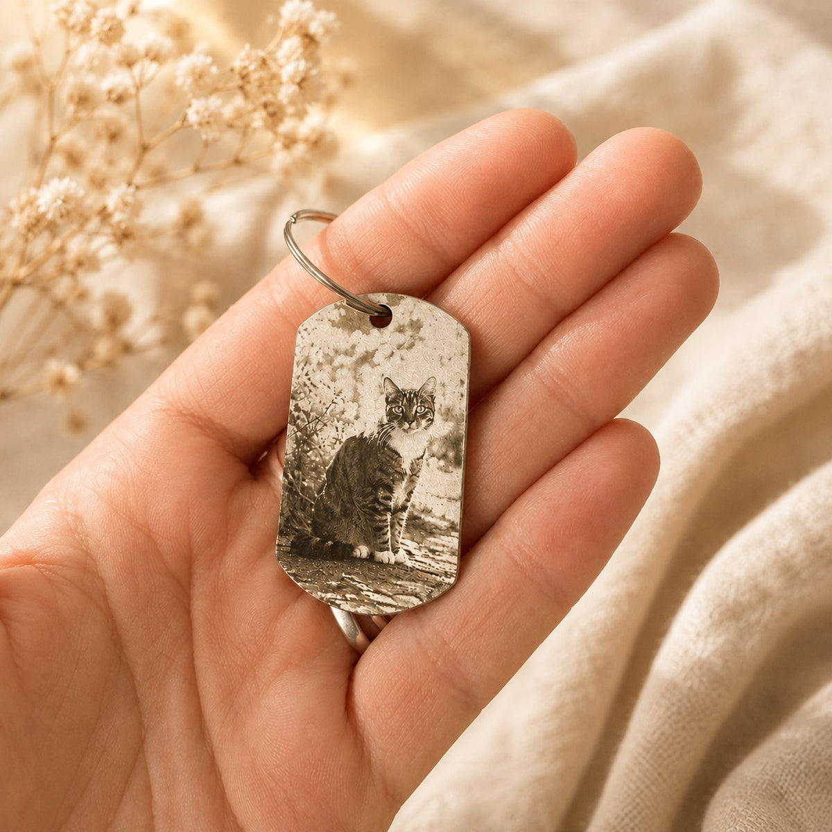 Personalised Pet Photo & Text Keyring – Engraved Keepsake