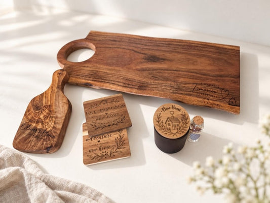 Ultimate personalised new home gift set with large acacia chopping block, olive wood board, engraved coasters, candle and matches