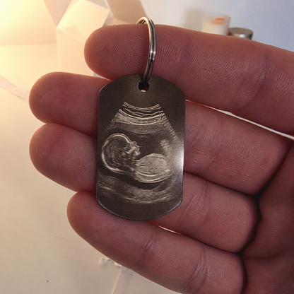 Personalised Ultrasound photo & custom text keyring - engraved baby keepsake